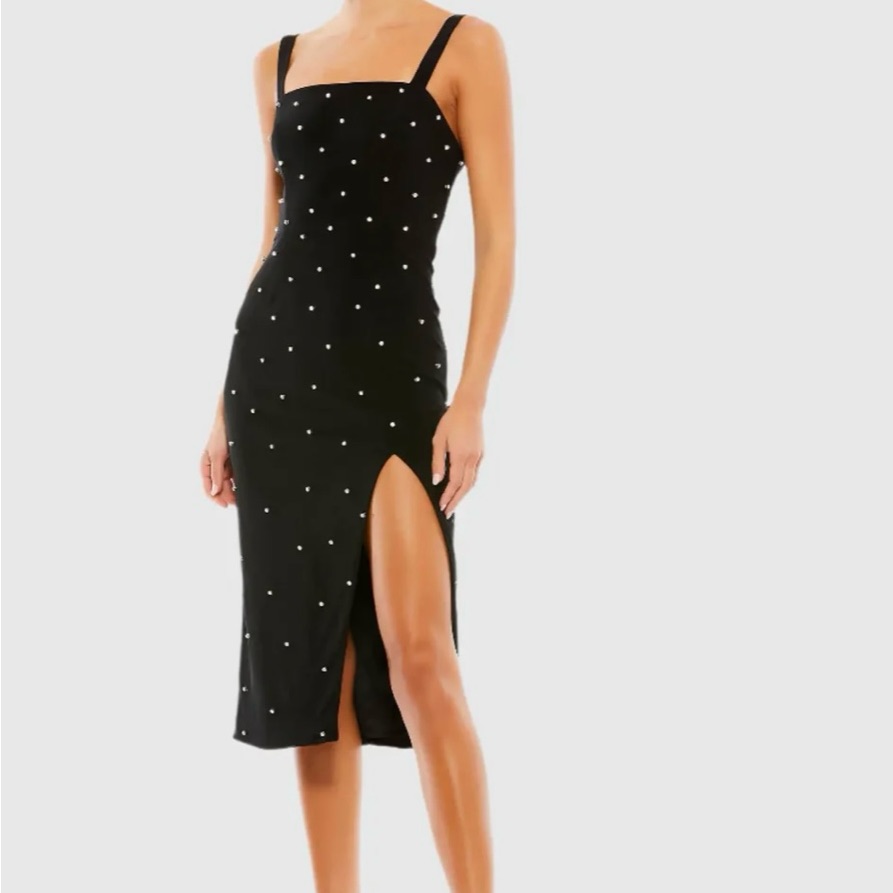 Mac Duggal Black Midi Dress With Embellished Dots